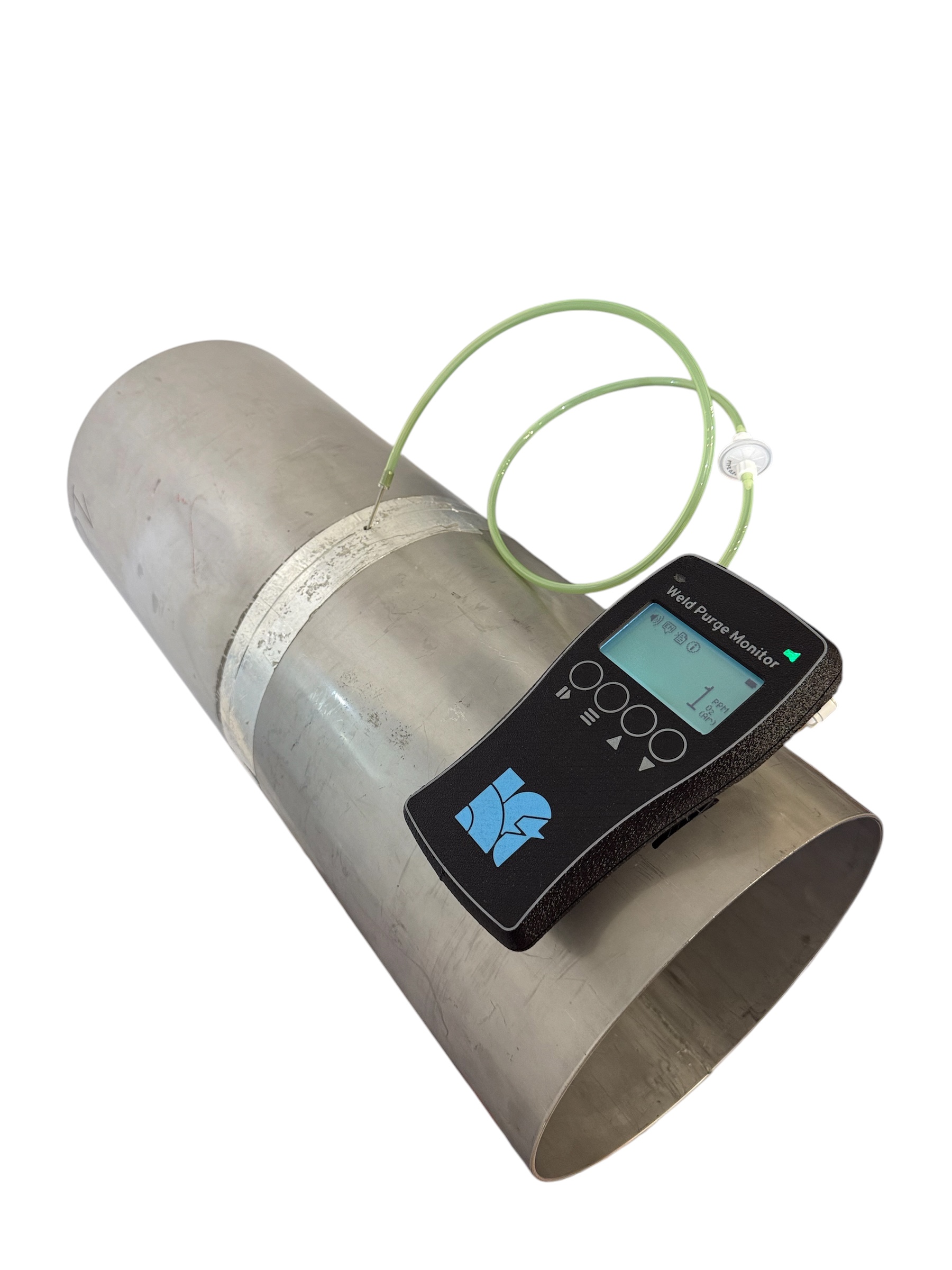 Weld purge monitor attached to metal pipe.